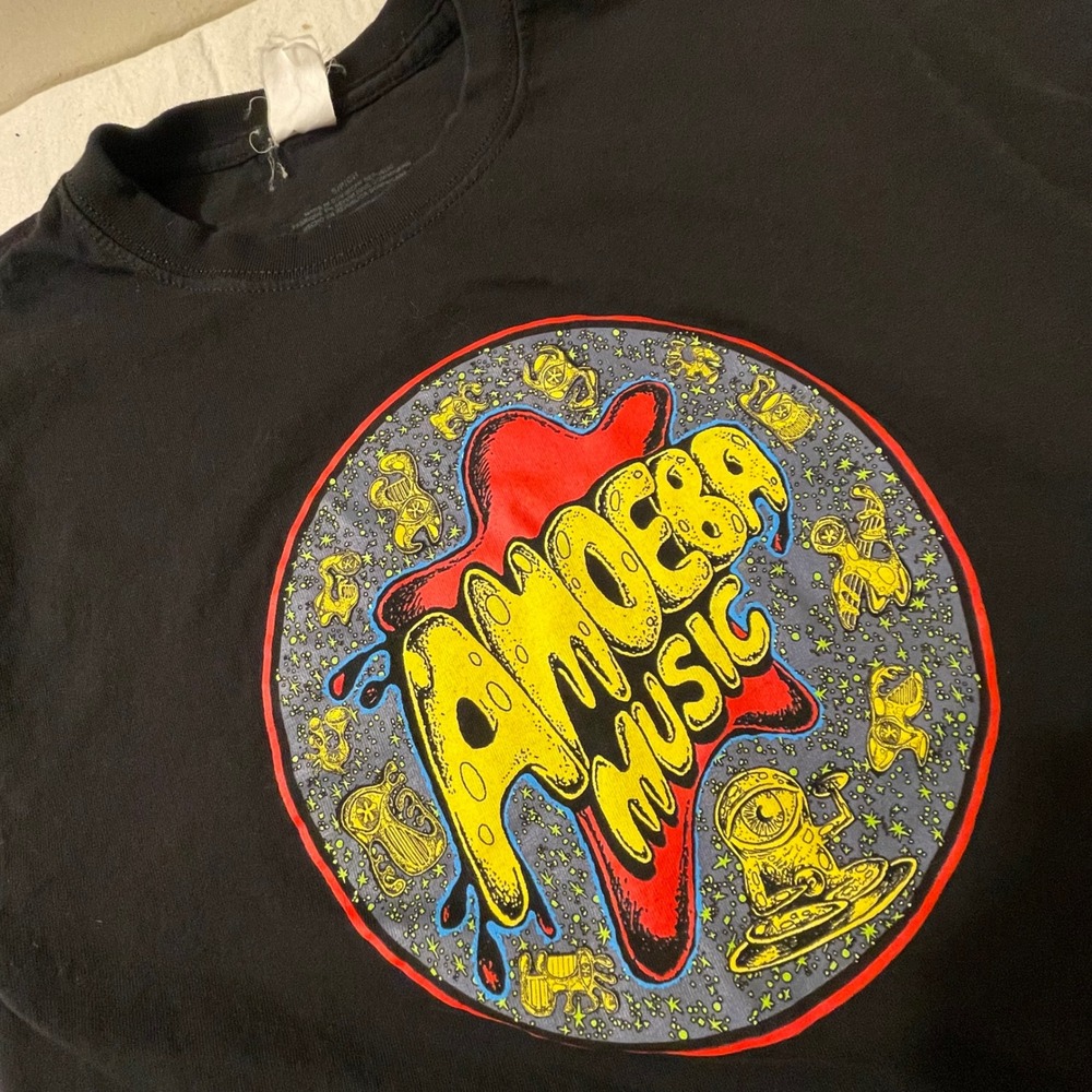 Amoeba Music Graphic T Shirt Black Short Sleeve Crew Neck Mens Womens Size Small